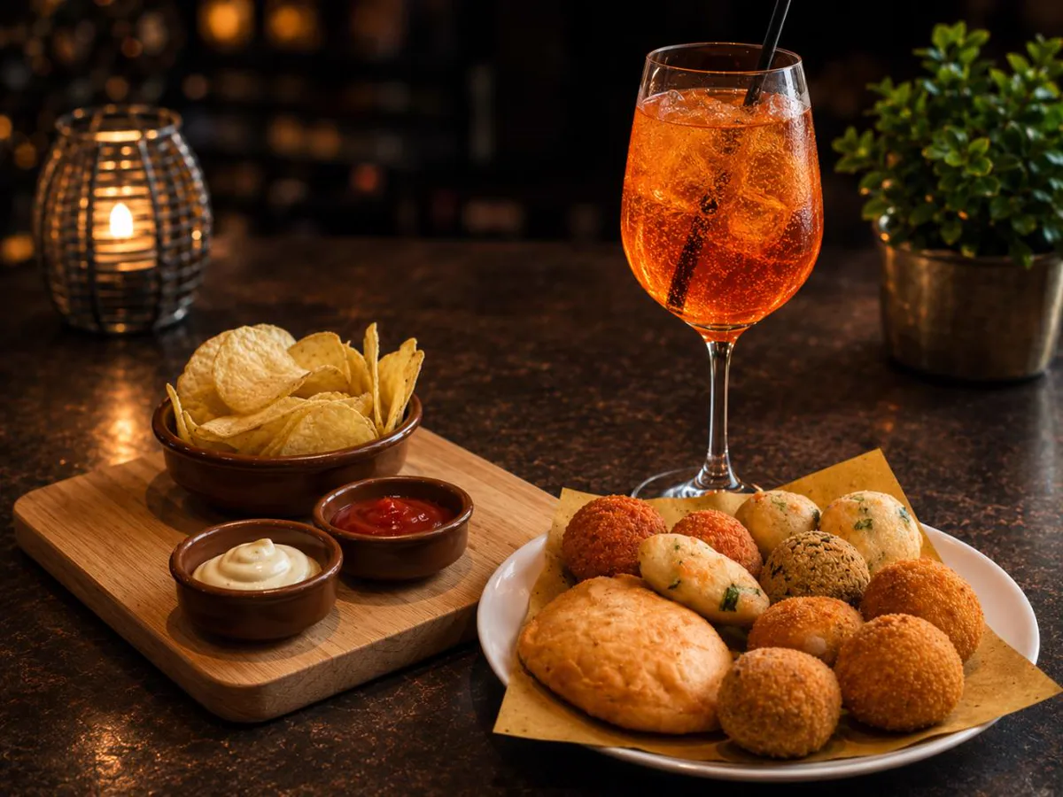 Piatto di frittini, patatine e drink